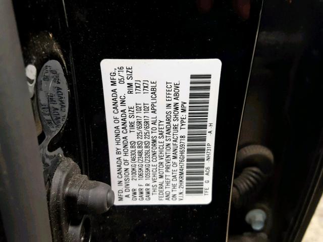 2HKRM4H76GH659718 - 2016 HONDA CR-V EXL BLACK photo 10