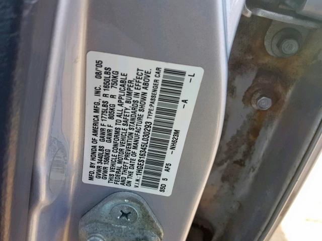 1HGES16345L030293 - 2005 HONDA CIVIC DX V SILVER photo 10