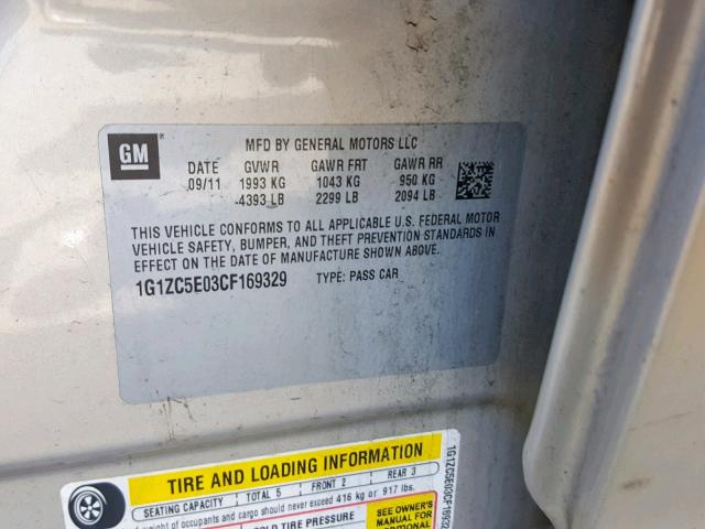 1G1ZC5E03CF169329 - 2012 CHEVROLET MALIBU 1LT GOLD photo 10