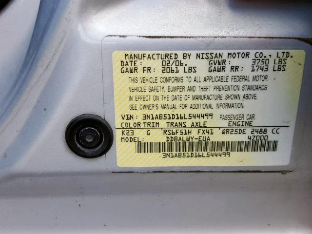 3N1AB51D16L544499 - 2006 NISSAN SENTRA SE- SILVER photo 10