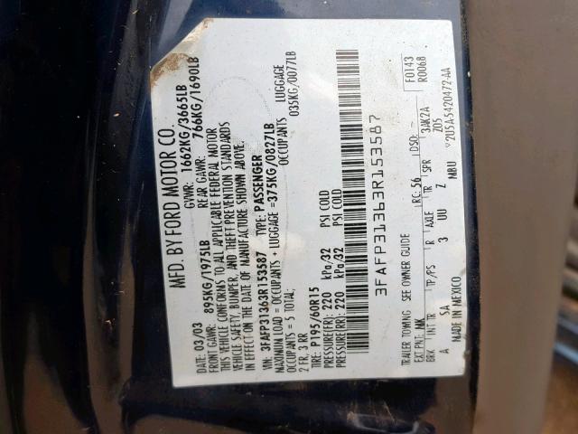 3FAFP31363R153587 - 2003 FORD FOCUS ZX3 BLUE photo 10