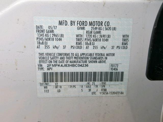 2FMPK4J83HBC04236 - 2017 FORD EDGE SEL WHITE photo 10