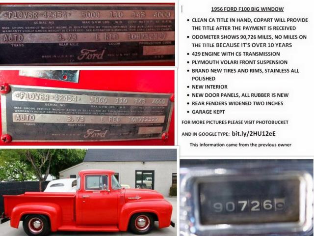 000000F10V6R42454 - 1956 FORD F-100 RED photo 10