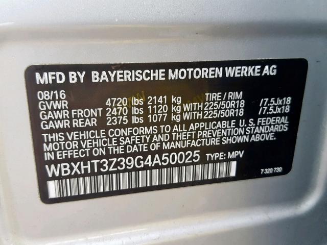 WBXHT3Z39G4A50025 - 2016 BMW X1 XDRIVE2 SILVER photo 10