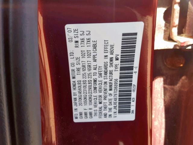 JHLRE48797C068956 - 2007 HONDA CR-V EXL MAROON photo 10