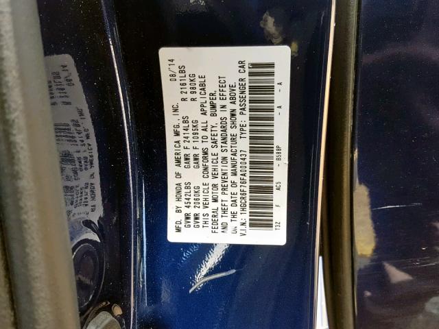 1HGCR6F76FA000437 - 2015 HONDA ACCORD HYB BLUE photo 10