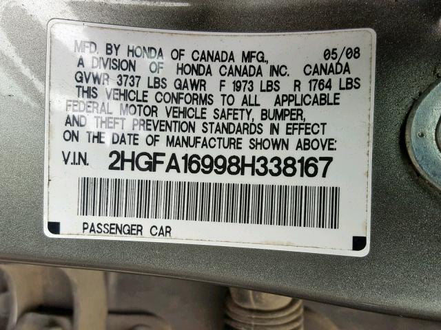 2HGFA16998H338167 - 2008 HONDA CIVIC EXL 灰色 照片 10