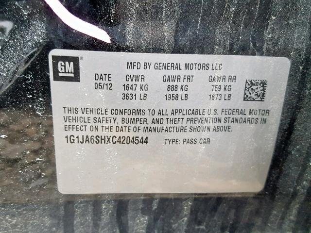 1G1JA6SHXC4204544 - 2012 CHEVROLET SONIC LS 黑色 照片 10