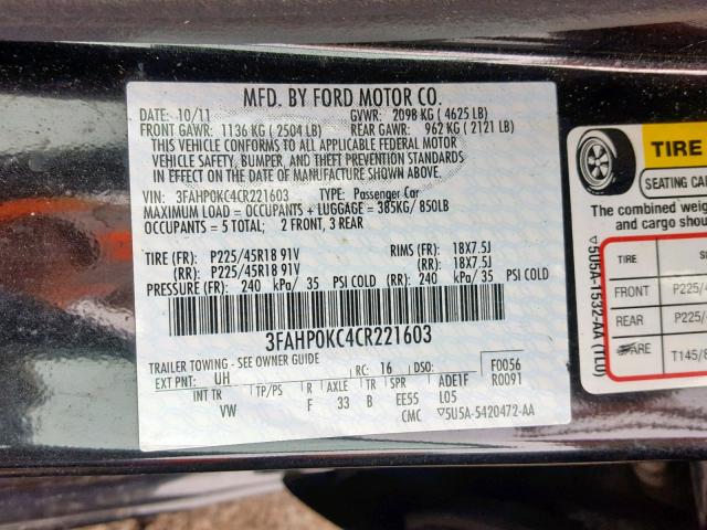 3FAHP0KC4CR221603 - 2012 FORD FUSION SPO BLACK photo 10