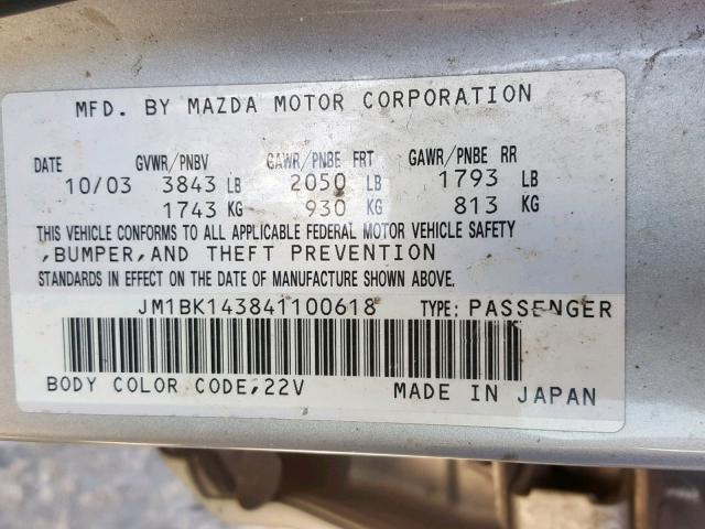 JM1BK143841100618 - 2004 MAZDA 3 HATCHBAC SILVER photo 10