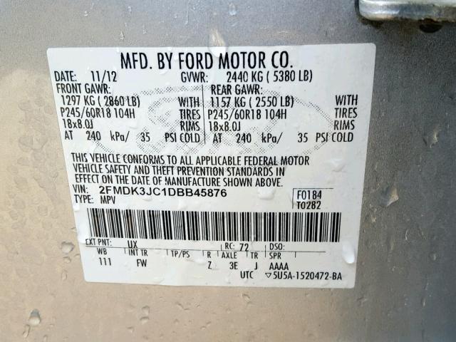 2FMDK3JC1DBB45876 - 2013 FORD EDGE SEL SILVER photo 10