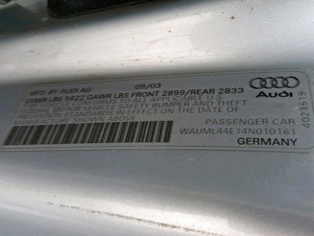 WAUML44E14N010161 - 2004 AUDI A8 L QUATT SILVER photo 10