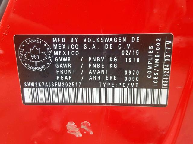 3VW2K7AJ3FM302517 - 2015 VOLKSWAGEN JETTA BASE RED photo 10