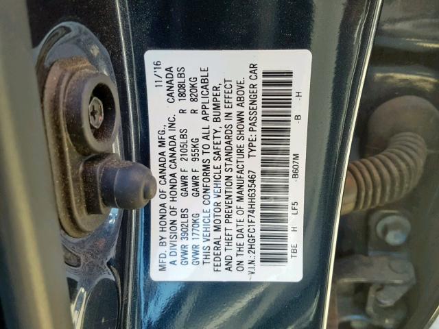 2HGFC1F74HH635467 - 2017 HONDA CIVIC EXL CHARCOAL photo 10