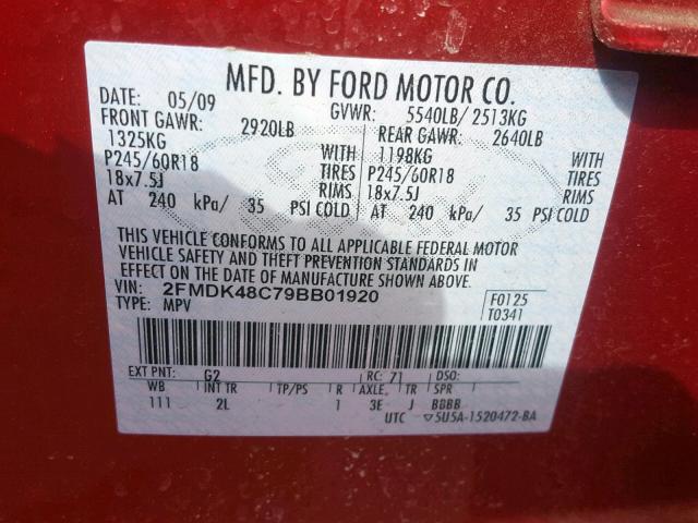 2FMDK48C79BB01920 - 2009 FORD EDGE SEL RED photo 10