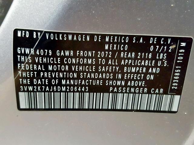 3VW2K7AJ6DM206443 - 2013 VOLKSWAGEN JETTA BASE SILVER photo 10