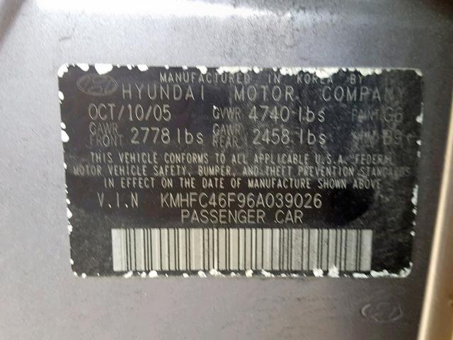 KMHFC46F96A039026 - 2006 HYUNDAI AZERA SE GRAY photo 10