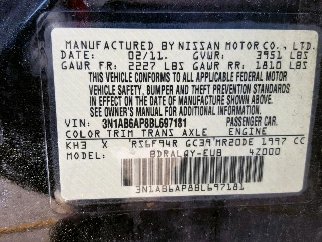 3N1AB6AP8BL697181 - 2011 NISSAN SENTRA 2.0 BLACK photo 10