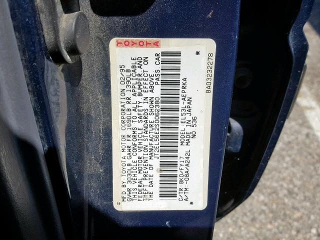 JT2EL56E2S0062380 - 1995 TOYOTA TERCEL DX BLUE photo 10