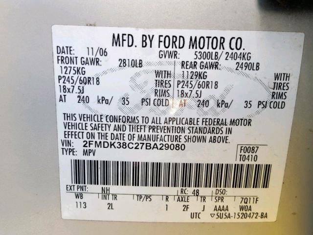 2FMDK38C27BA29080 - 2007 FORD EDGE SEL CREAM photo 10