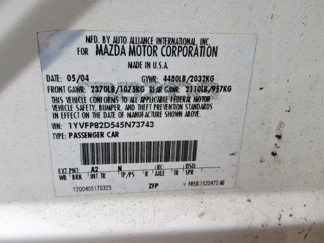 1YVFP82D545N73743 - 2004 MAZDA 6 S WHITE photo 10