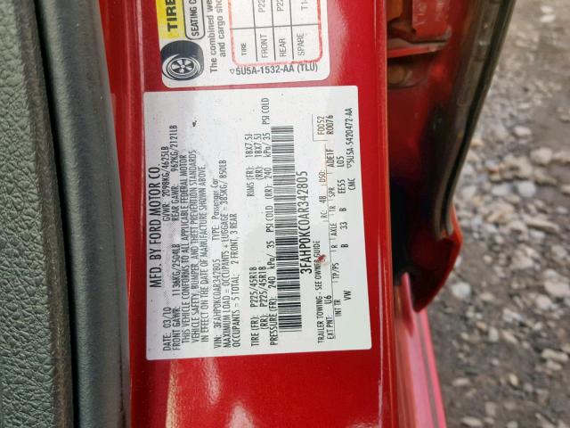 3FAHP0KC0AR342805 - 2010 FORD FUSION SPO RED photo 10