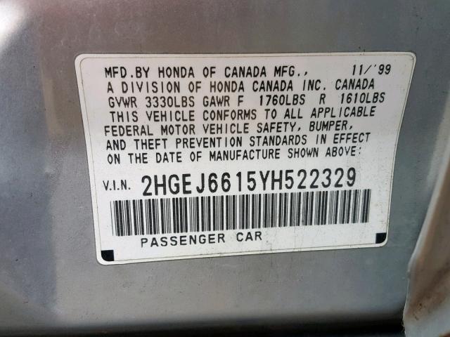 2HGEJ6615YH522329 - 2000 HONDA CIVIC BASE SILVER photo 10