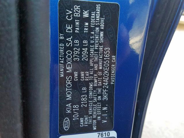 3KPF24AD2KE051653 - 2019 KIA FORTE FE BLUE photo 10