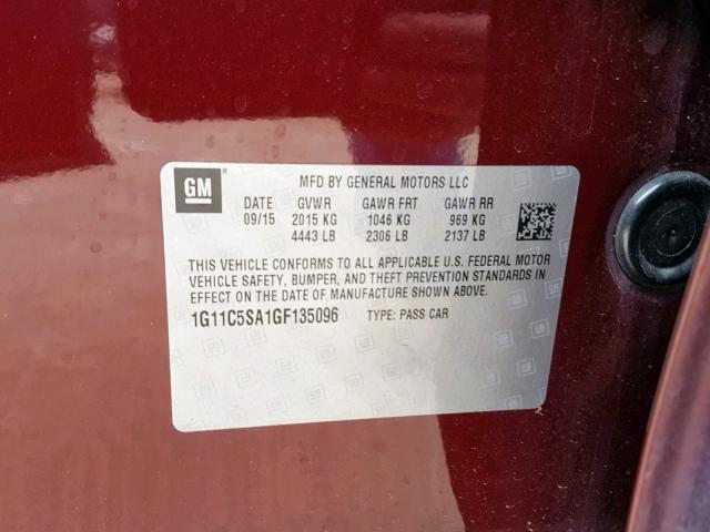 1G11C5SA1GF135096 - 2016 CHEVROLET MALIBU LIM BURGUNDY photo 10