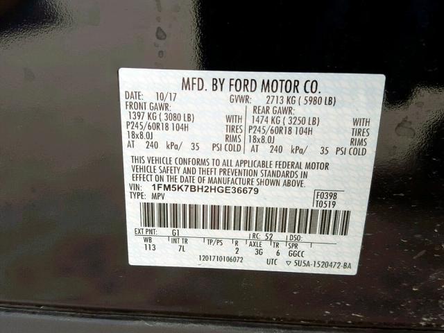 1FM5K7BH2HGE36679 - 2017 FORD EXPLORER BLACK photo 10