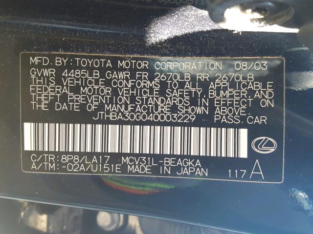 JTHBA30G040003229 - 2004 LEXUS ES 330 BLUE photo 10