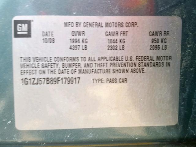 1G1ZJ57B89F179917 - 2009 CHEVROLET MALIBU 2LT GREEN photo 10