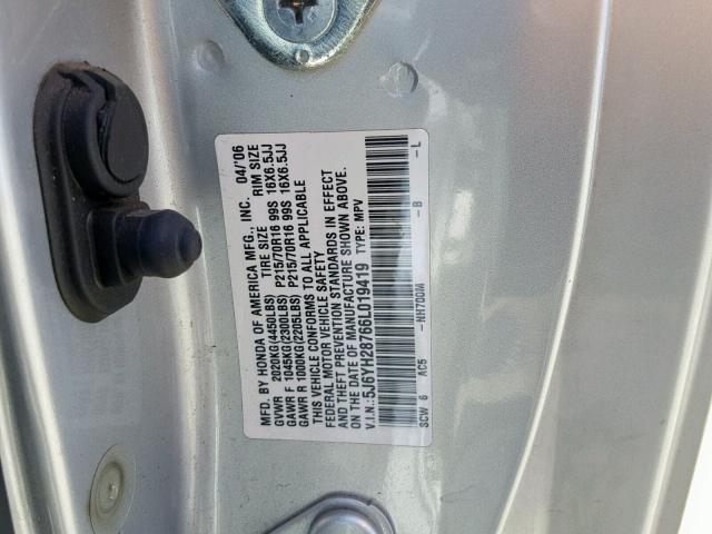 5J6YH28766L019419 - 2006 HONDA ELEMENT EX SILVER photo 10