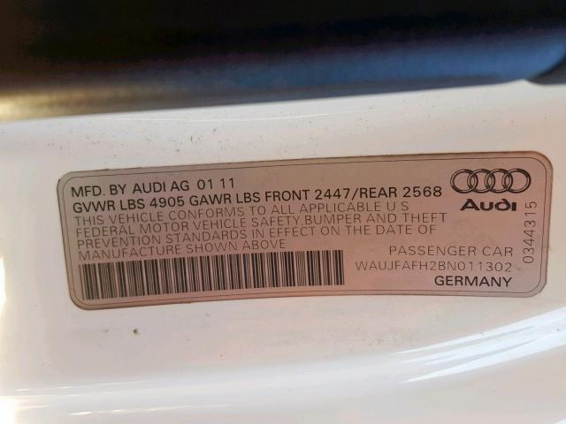 WAUJFAFH2BN011302 - 2011 AUDI A5 PREMIUM WHITE photo 10