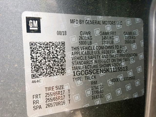 1GCGSCEN5K1115513 - 2019 CHEVROLET COLORADO L GRAY photo 10