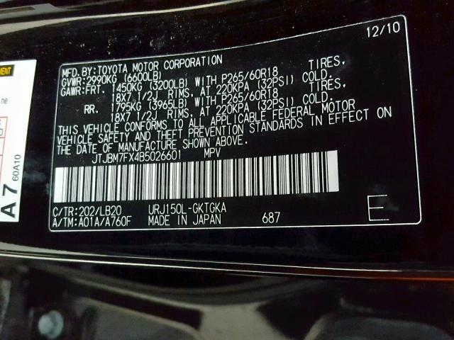 JTJBM7FX4B5026601 - 2011 LEXUS GX BLACK photo 10