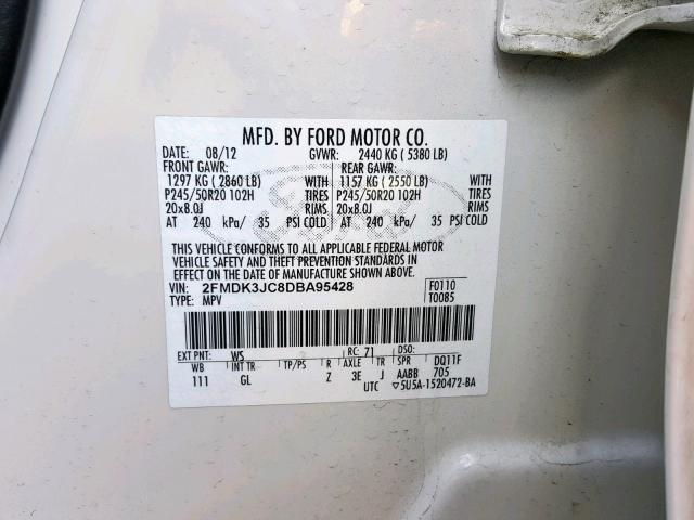 2FMDK3JC8DBA95428 - 2013 FORD EDGE SEL WHITE photo 10