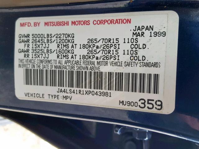 JA4LS41R1XP043981 - 1999 MITSUBISHI MONTERO SP BLUE photo 10