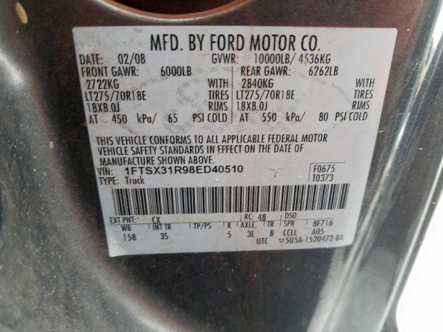 1FTSX31R98ED40510 - 2008 FORD F350 SRW SUPER DUTY  photo 10