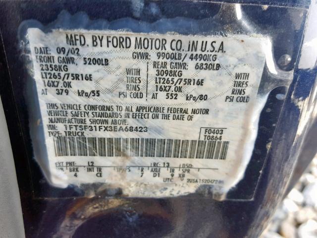 1FTSF31FX3EA68423 - 2003 FORD F350 SRW S BLUE photo 10