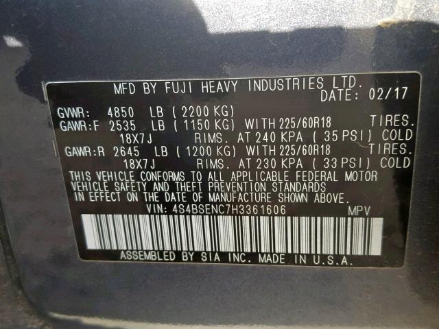 4S4BSENC7H3361606 - 2017 SUBARU OUTBACK 3. BLUE photo 10