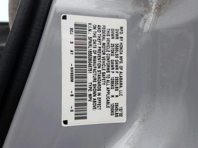 5FNRL18553B048751 - 2003 HONDA ODYSSEY LX SILVER photo 10