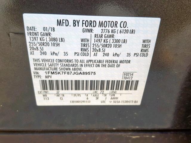 1FM5K7F87JGA89575 - 2018 FORD EXPLORER L GRAY photo 10