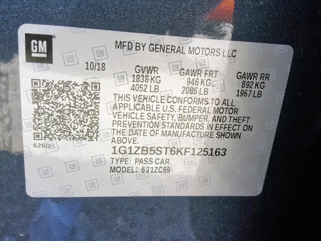 1G1ZB5ST6KF125163 - 2019 CHEVROLET MALIBU LS BLUE photo 10