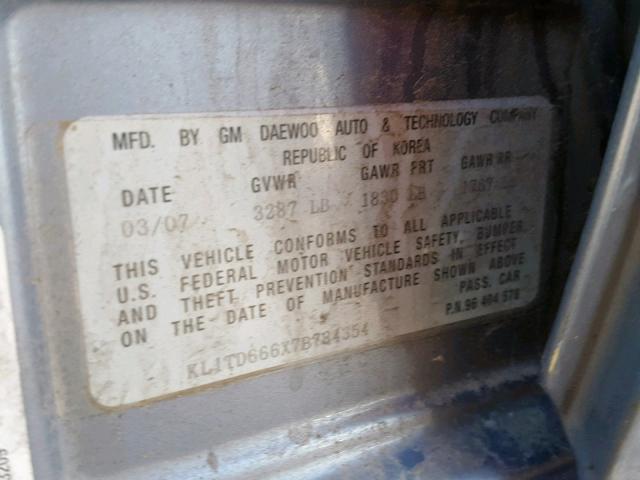 KL1TD666X7B784354 - 2007 CHEVROLET AVEO BASE ლურჯი ფოტო 10