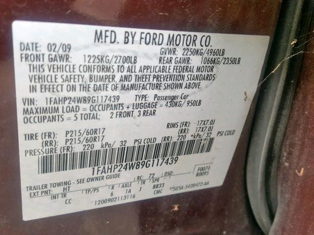 1FAHP24W89G117439 - 2009 FORD TAURUS SEL BURGUNDY photo 10