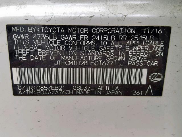 JTHCM1D28H5016771 - 2017 LEXUS IS 300 WHITE photo 10