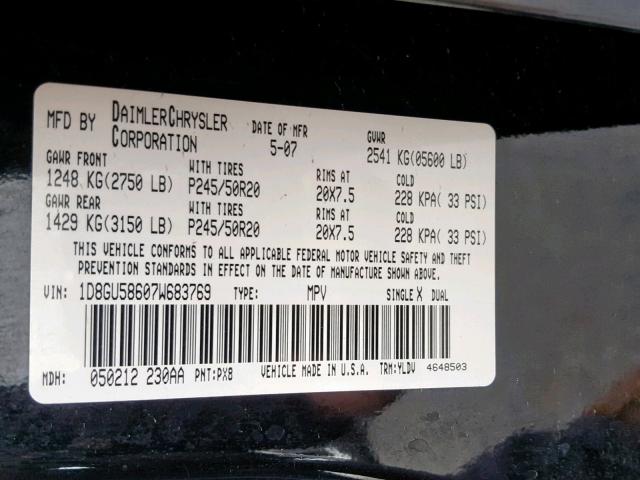 1D8GU58607W683769 - 2007 DODGE NITRO R/T BLACK photo 10