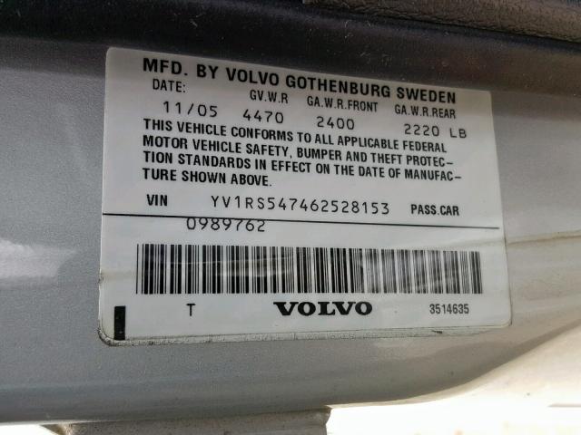 YV1RS547462528153 - 2006 VOLVO S60 T5 SILVER photo 10