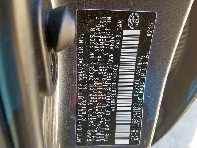 4T1BK3DB7CU449202 - 2012 TOYOTA AVALON BAS GRAY photo 10